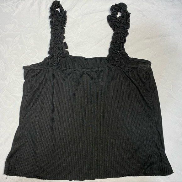 Black Solid Ribbed Tank Top With Ruffle Straps Stretchy Cutoff Crop Uneven Hem - Picture 8 of 9